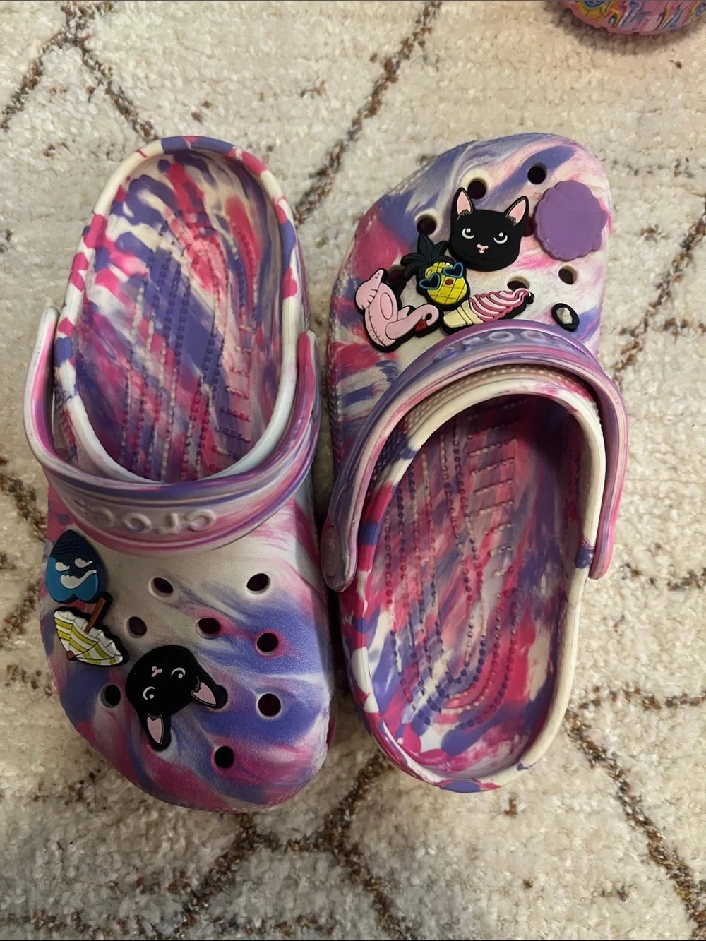 CROCS Kids Pink Purple Swirl Clog Sandals with Fun Charms